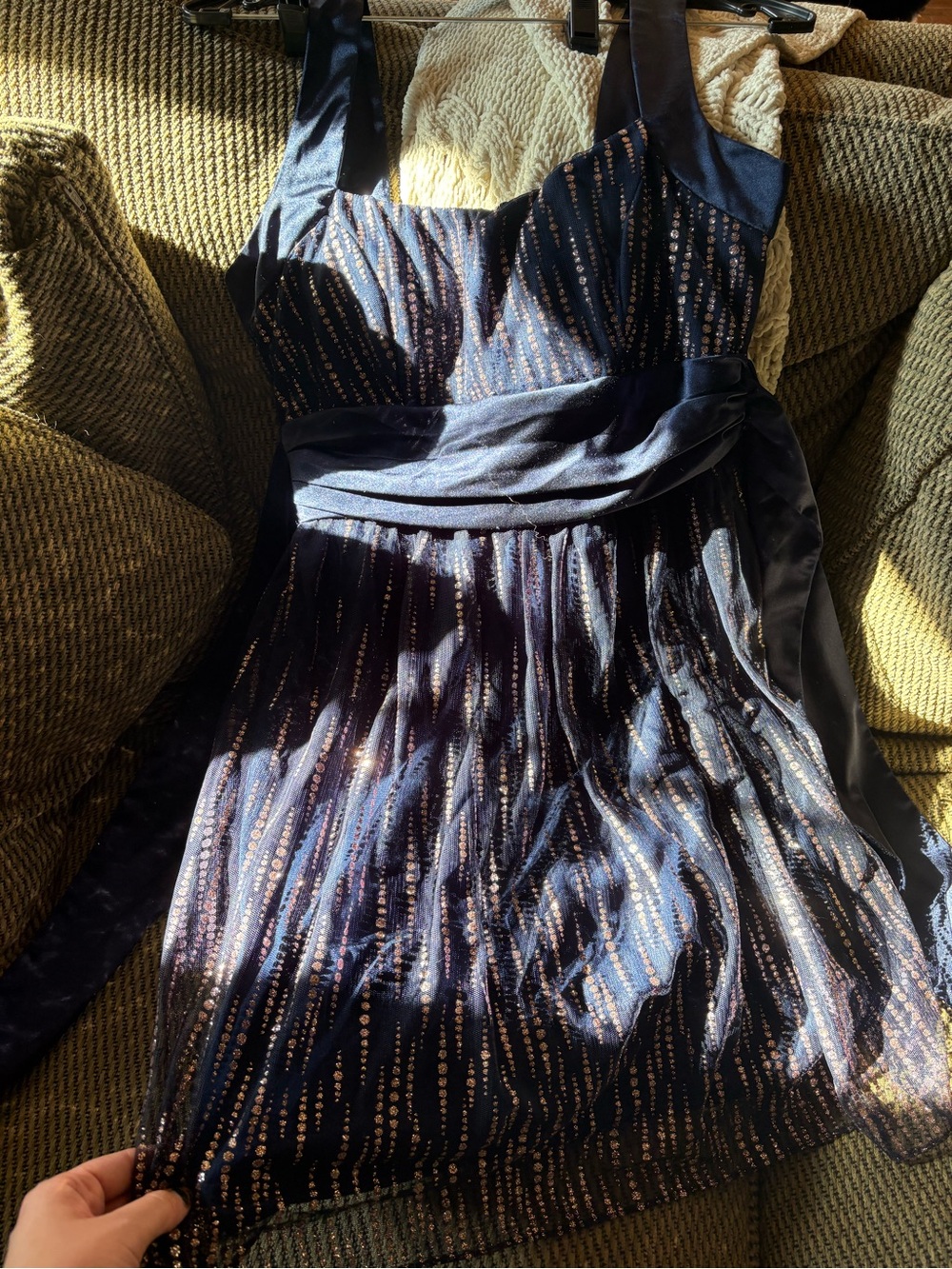 Inspire Navy and Gold Sequin A-Line Prom Dress